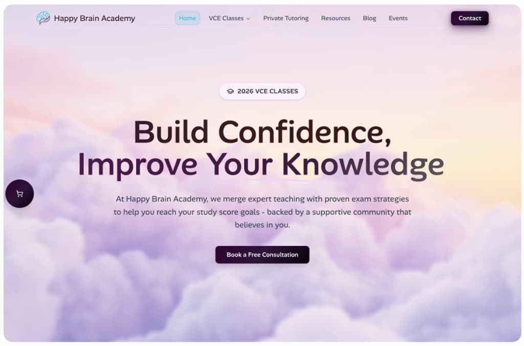 Happy Brain Academy homepage with tutoring programs and enrolment paths