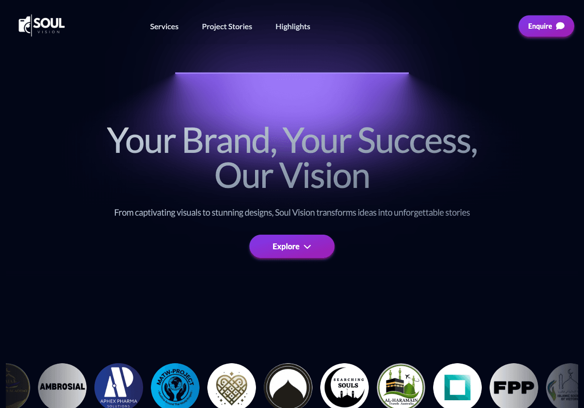 Soul Vision homepage hero with brand statement and call to action